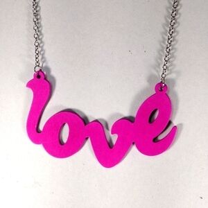 Women's Stunning Polished Silver tone Pink " LOVE " Design Long Necklace- 34-in